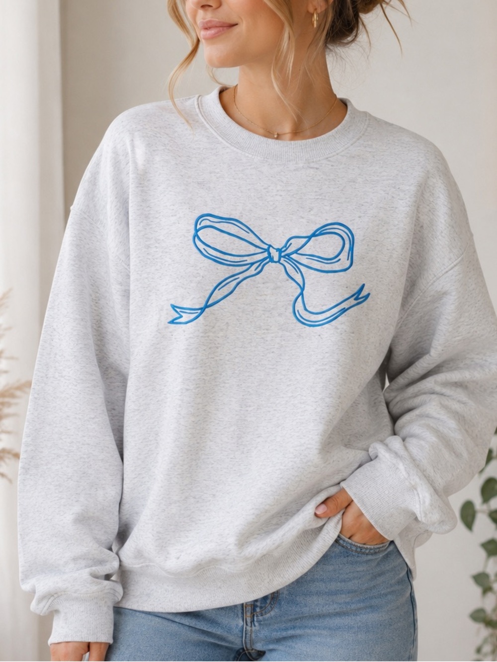 Bexley Size Medium Gray Blue Bow Sweatshirt Coquette Crewneck